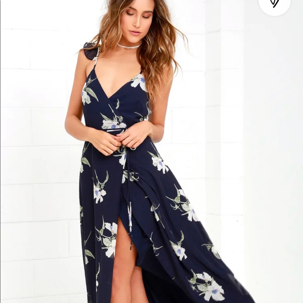 All Mine Navy Blue Floral Print High-Low Wrap Dress